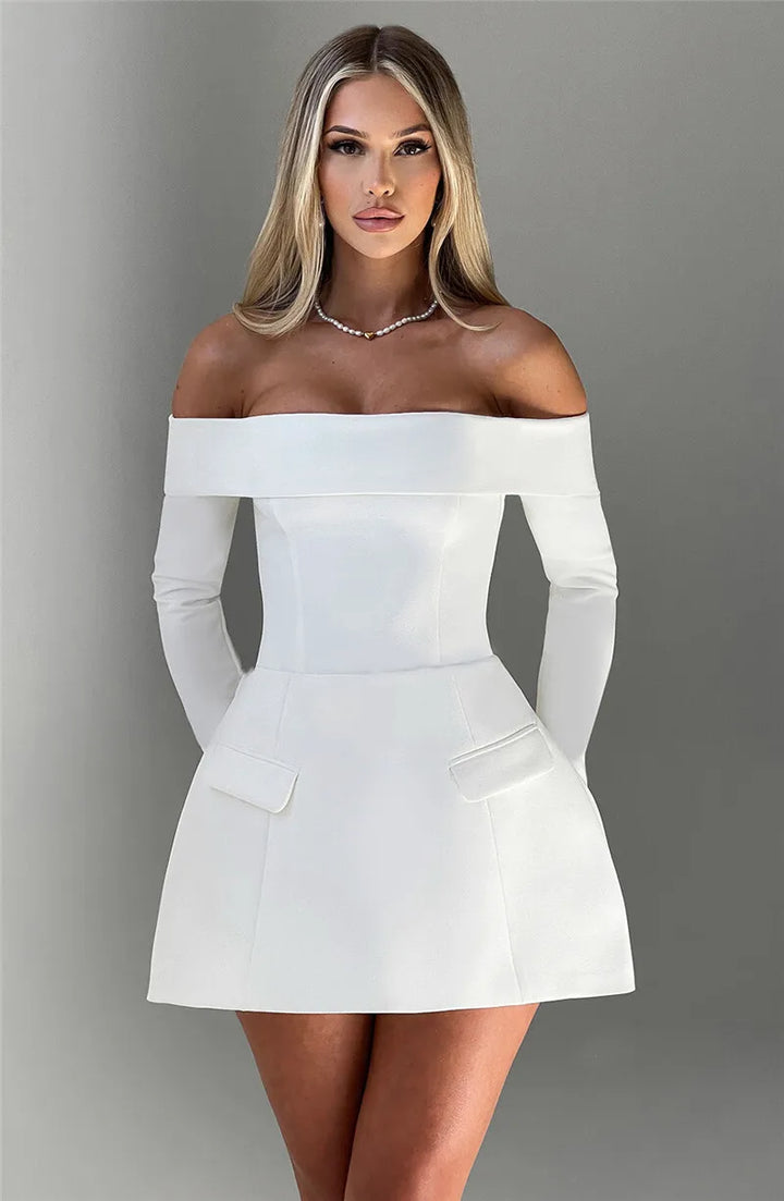 A-line off-shoulder mini dress with faux pocket design - Macy