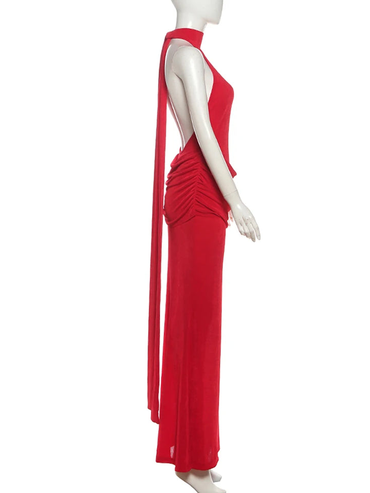 Velvet Collar Maxi Dress with Open Back and Pleats - Ciara