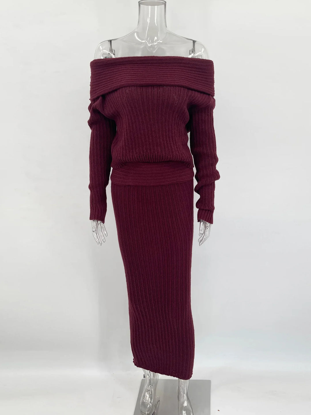 Two-Piece Knit Set with Off-Shoulder Top and Maxi Skirt - Ilona