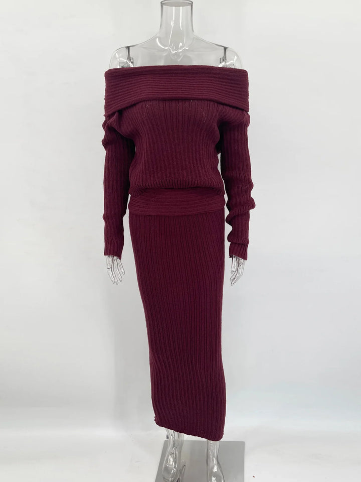 Two-Piece Knit Set with Off-Shoulder Top and Maxi Skirt - Ilona