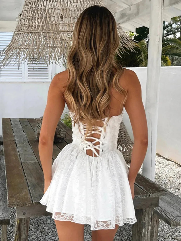A-Line Lace Mini Dress with Neck Tie - El