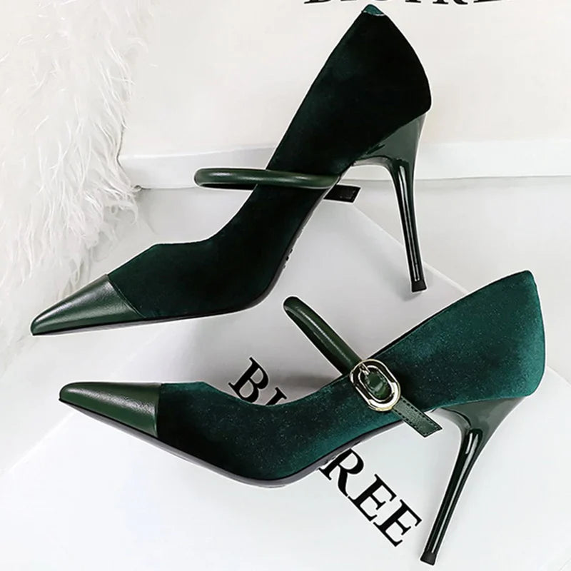 Pointed Heel Shoes with Velvet and Faux Leather Buckle Decoration - Mabel