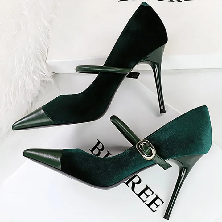 Pointed Heel Shoes with Velvet and Faux Leather Buckle Decoration - Mabel