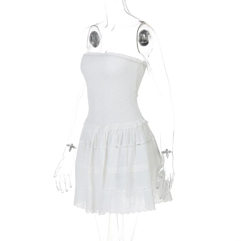 A-Line Strapless Mini Dress with Ruching and Lace Detail - Lavin