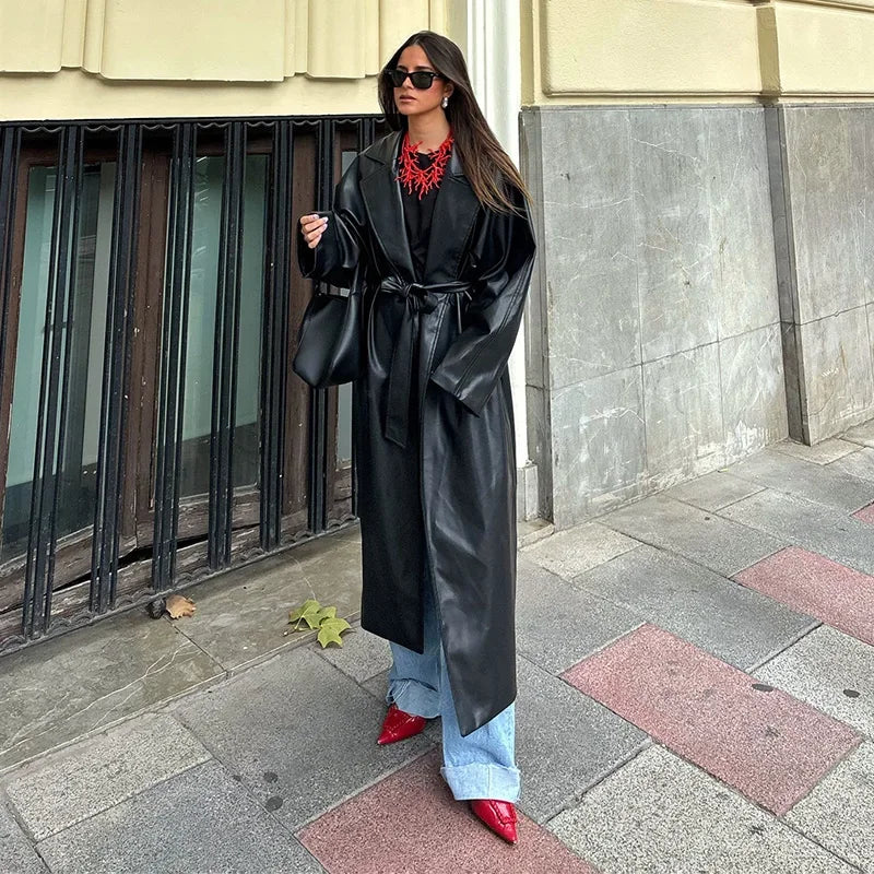 Long Leather Coat with Tie Belt - Sol