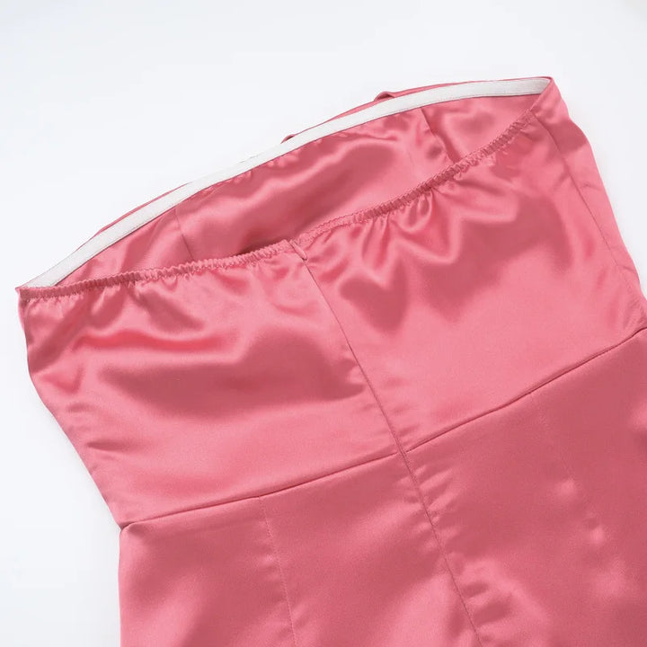Maxi Strapless Satin Dress with Pleated Design - Rosa