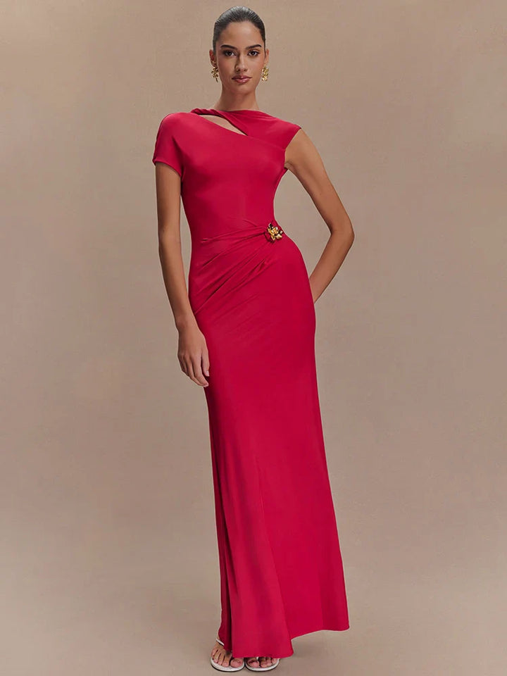 Elegant Maxi Dress with Ruching, One Sleeve, and Buckle Detail - Agatha