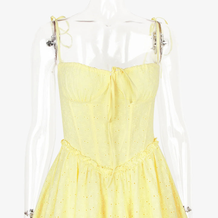 A-Line Mini Dress with Embroidery and Tie Straps - GAYA