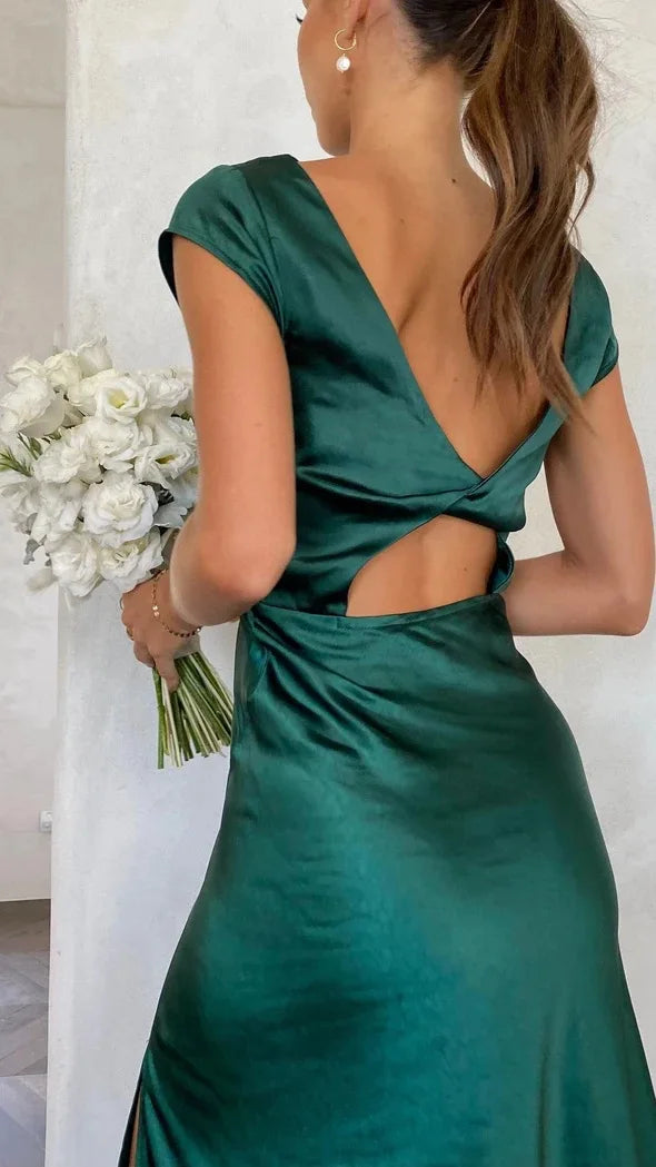 Midi satin dress with slit and open back design - Shray