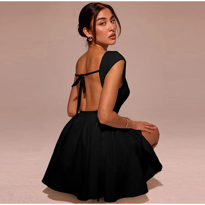 Linen Mini Dress in A-Line with Open Back - Marilyn