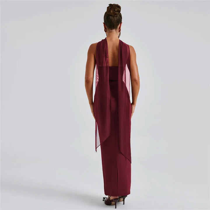 Maxi strapless dress with glove and chiffon scarf decoration - Annabel