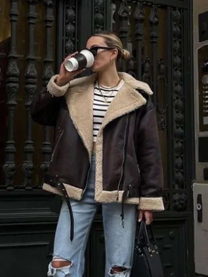Oversized Leather Coat with Fur Lining - Kaya