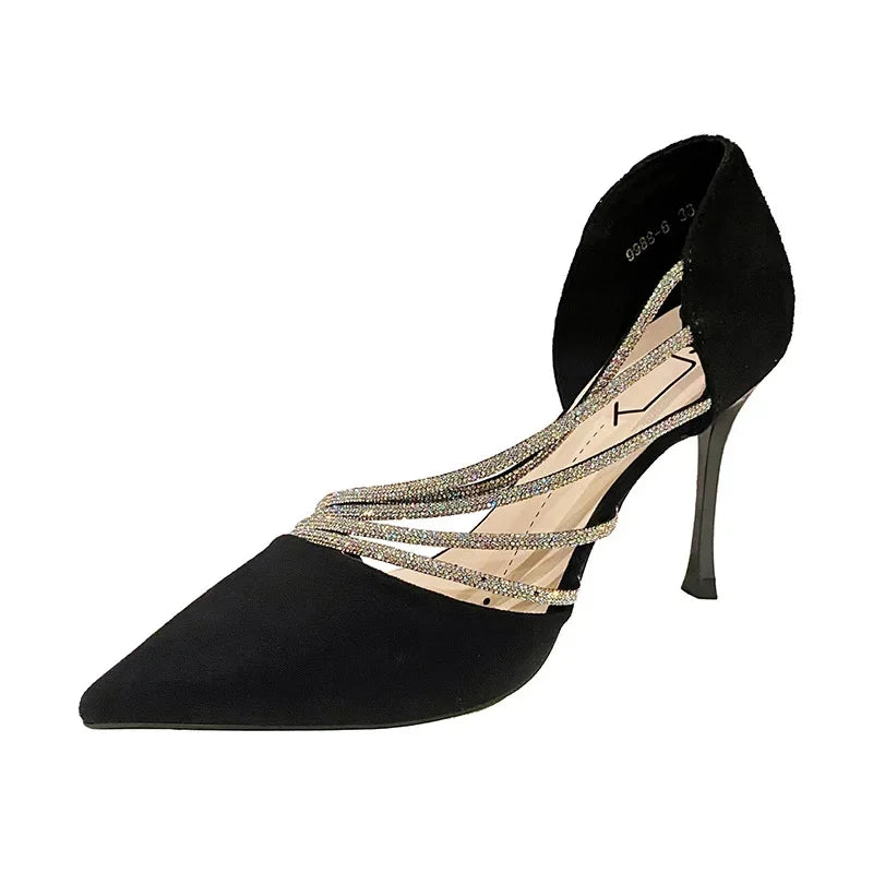 Suede Fabric Pointed Heel Shoes with Sparkling Sequin Design - Alior
