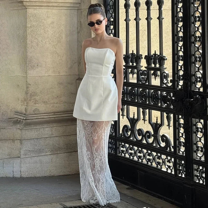 Elegant two-piece set strapless top and maxi lace skirt - Juline