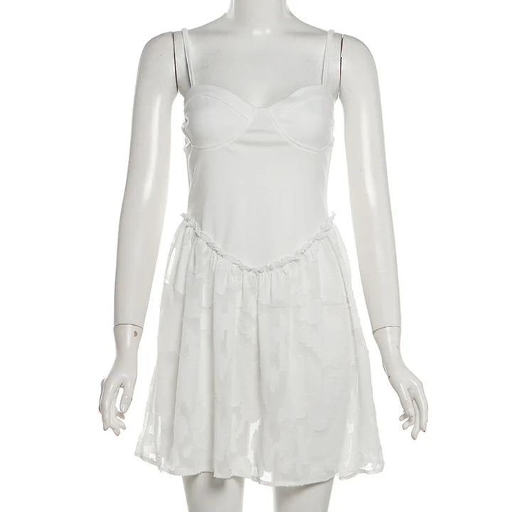 A-Line Mini Dress with Spaghetti Straps and Leaf and Flower Embroidery - Shila