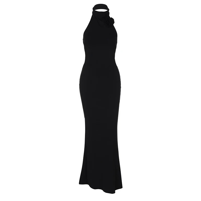 Knitted Collar Maxi Dress with Flower Decoration and Open Back - Amalia