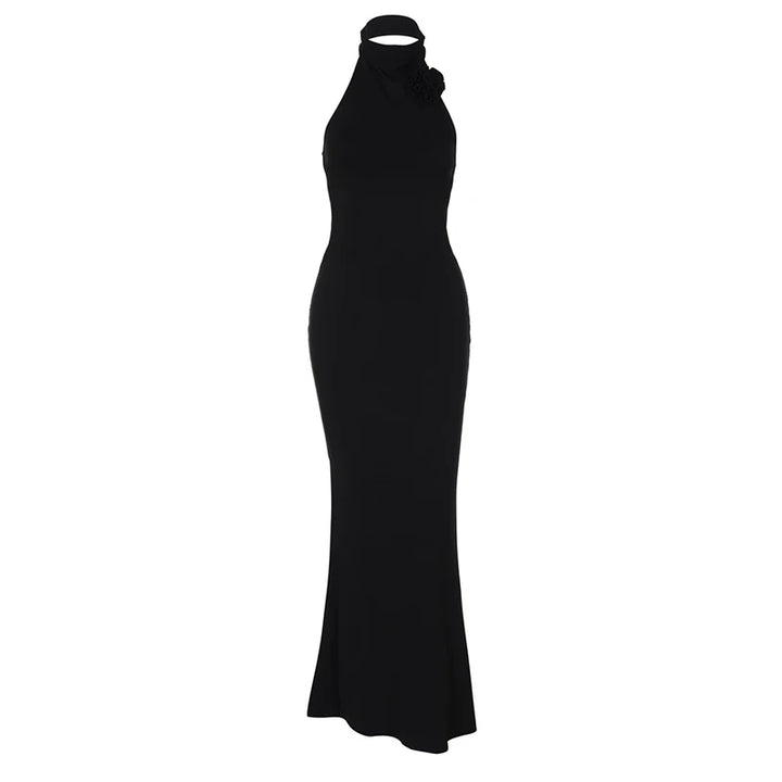 Knitted Collar Maxi Dress with Flower Decoration and Open Back - Amalia