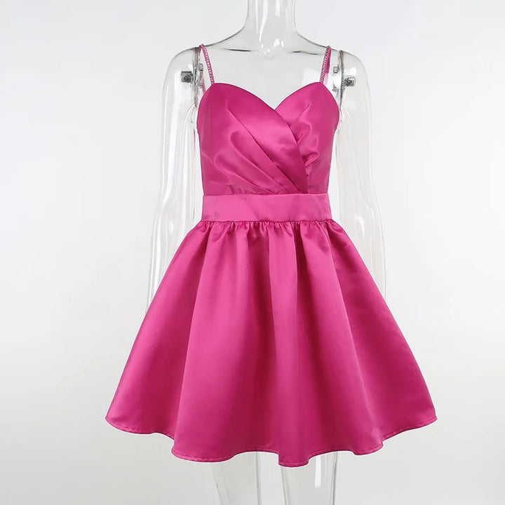 A-Line Satin Mini Dress with Sequin Straps - Miel