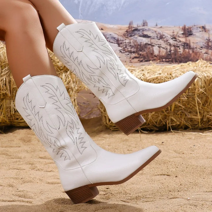 Faux Leather Cowboy Boots with Embroidered Illustrations - Tansy