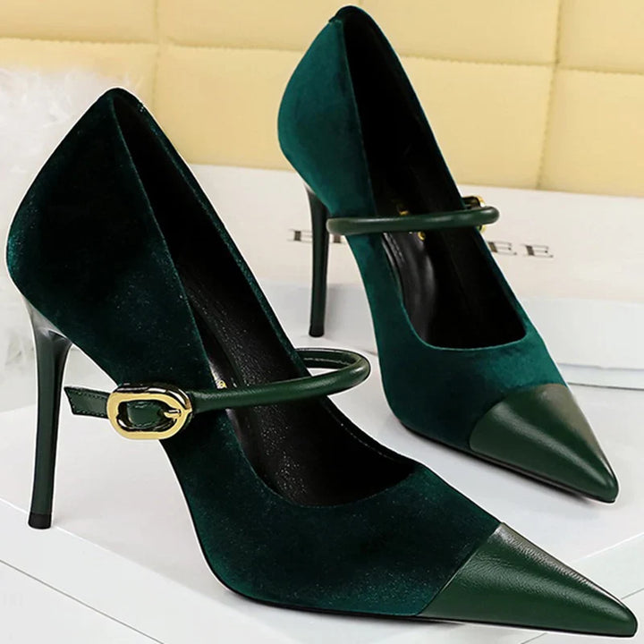 Pointed Heel Shoes with Velvet and Faux Leather Buckle Decoration - Mabel
