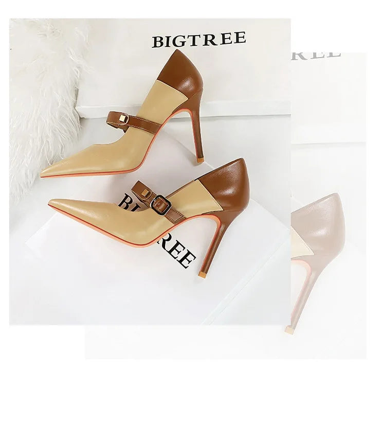 Faux Leather Pointed Heel Shoes with Buckle Decoration - Margaret