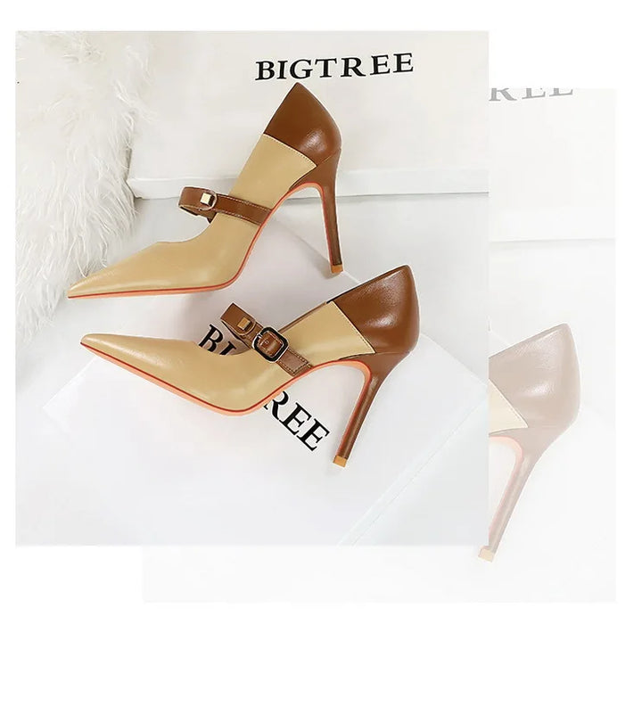 Faux Leather Pointed Heel Shoes with Buckle Decoration - Margaret
