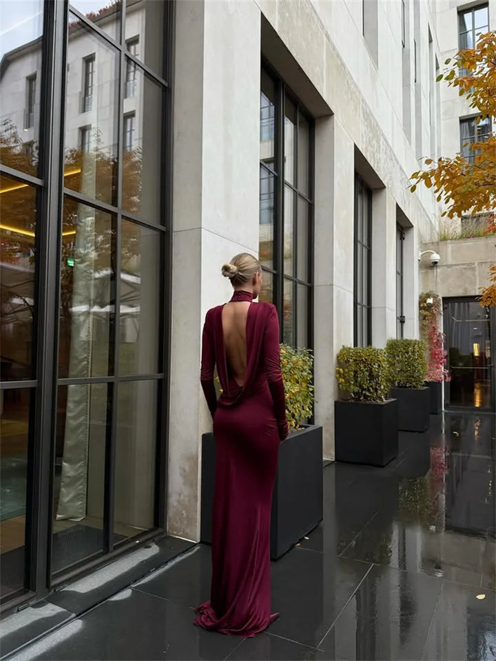 Elegant maxi dress with collar and open back - LARIAN