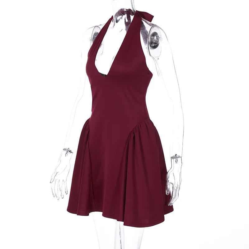 Mini A-line dress with V-neck and neck tie - Yolanda