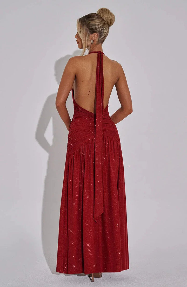 Glitter Maxi Dress with Slit, Deep V-Neck, Open Back, and Neck Tie - Emery