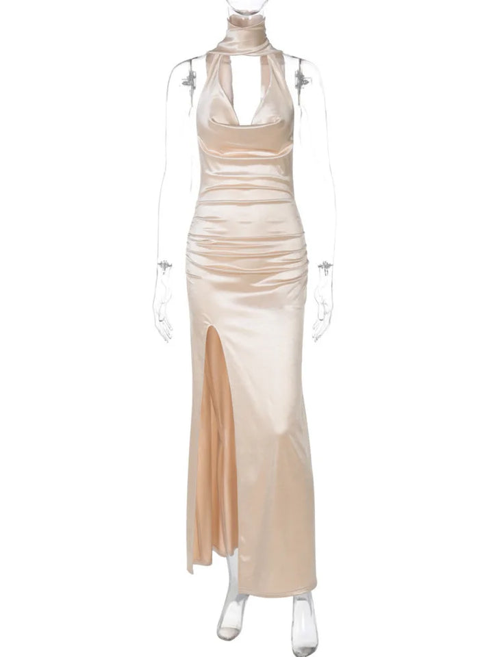 Open Back Satin Maxi Dress with Slit and Matching Scarf Decoration - Felicia