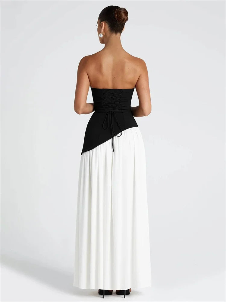 Maxi Strapless Dress with Back Tie, Chiffon Skirt, Slit, and Matching Scarf - Zora