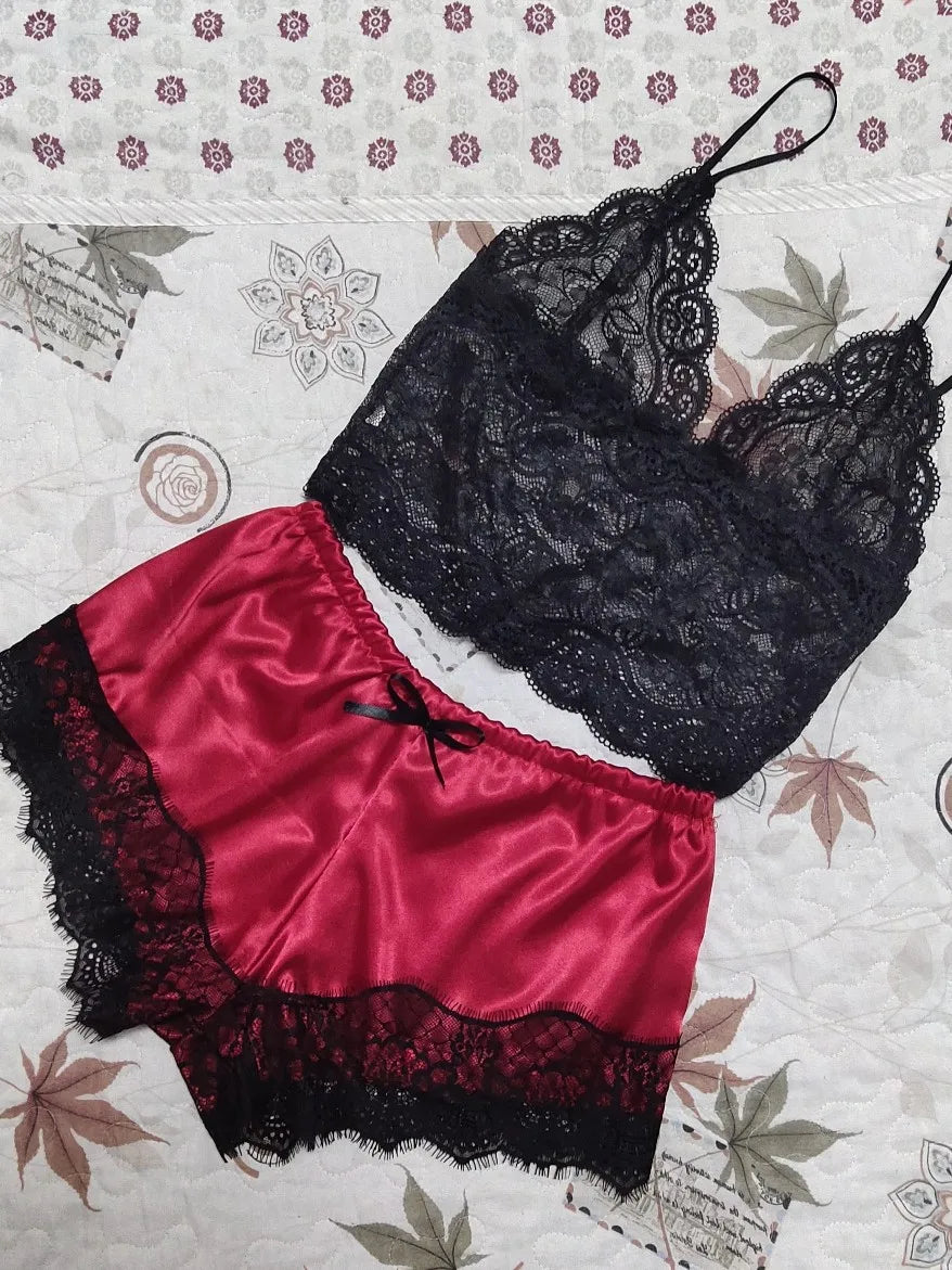 Babydoll Set with Satin Shorts and Lace Top - Noelle