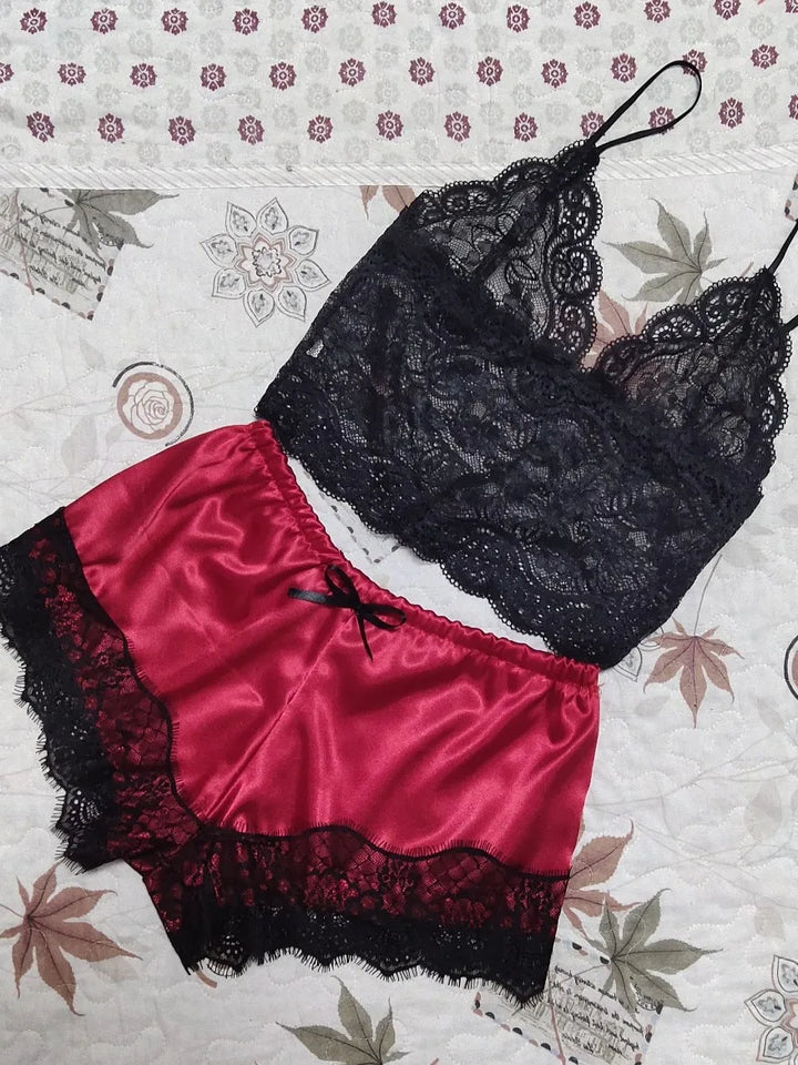 Babydoll Set with Satin Shorts and Lace Top - Noelle
