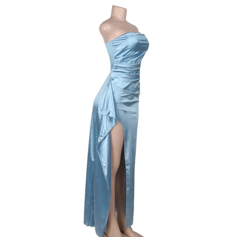 Strapless Satin Maxi Dress with Ruching and Slit - Amalia