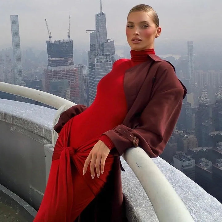 Elegant Maxi Dress with Tie Decoration and Turtleneck Collar - Robin