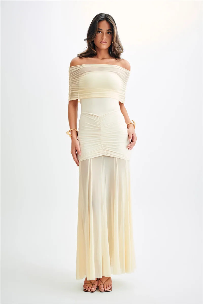 Chiffon Maxi Dress with Gathered Off-the-Shoulder Design - Delilah