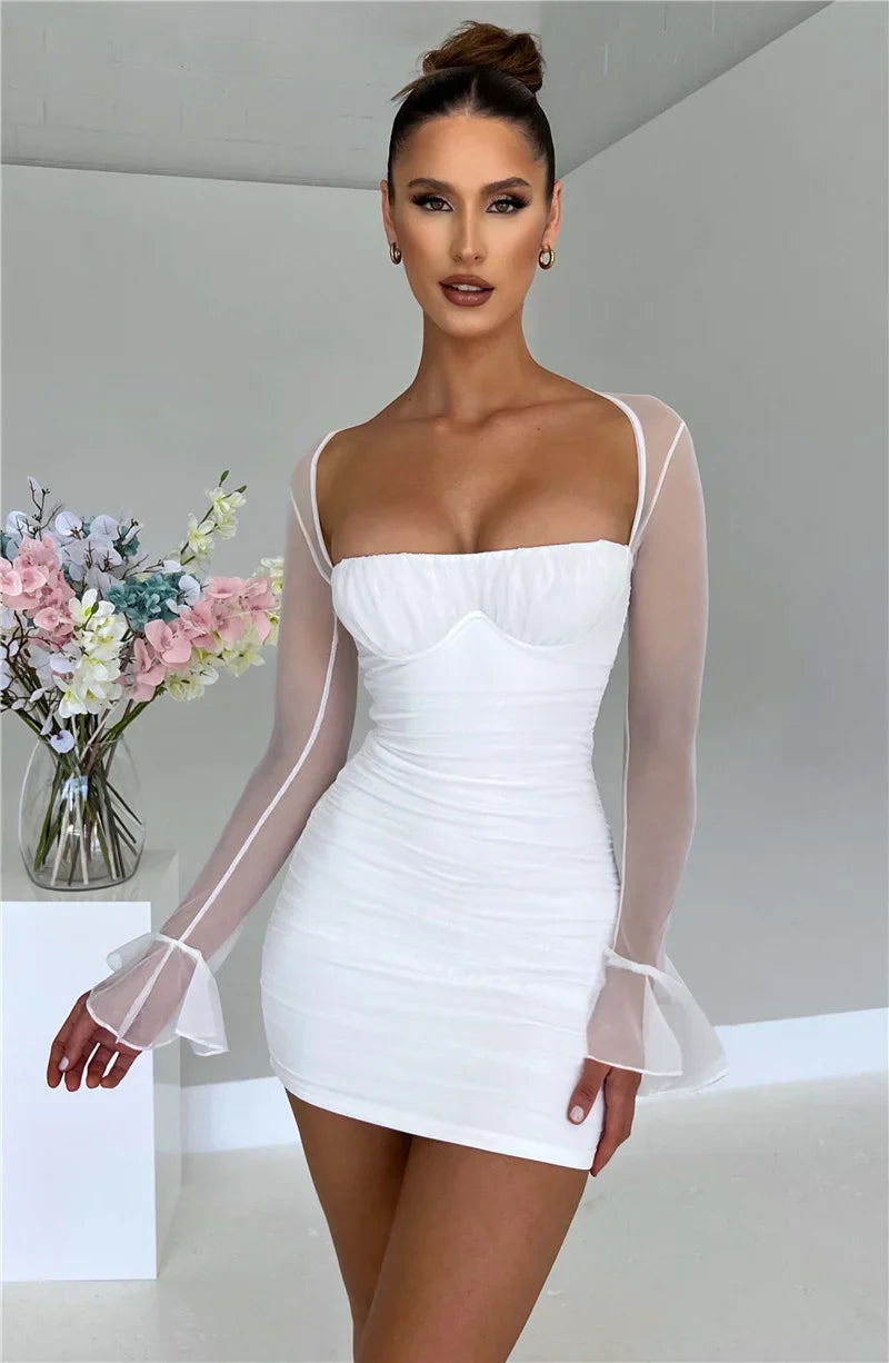 Ruched mini dress with open back and mesh sleeves - Ariana