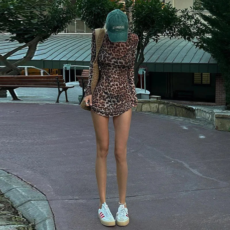 Leopard Chiffon Mini Dress with Opaque Hem - LEO