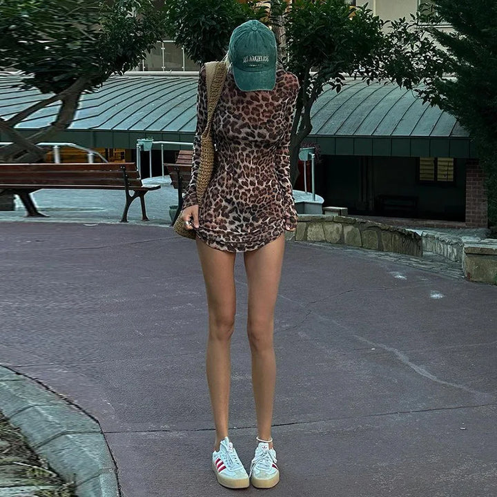 Leopard Chiffon Mini Dress with Opaque Hem - LEO