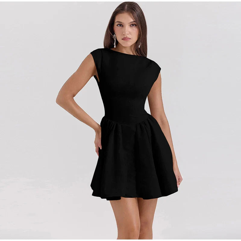 Linen Mini Dress in A-Line with Open Back - Marilyn