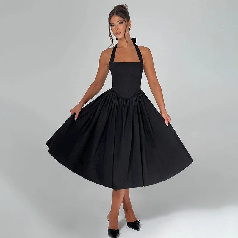 A-line midi dress with open back and neck tie - Angie