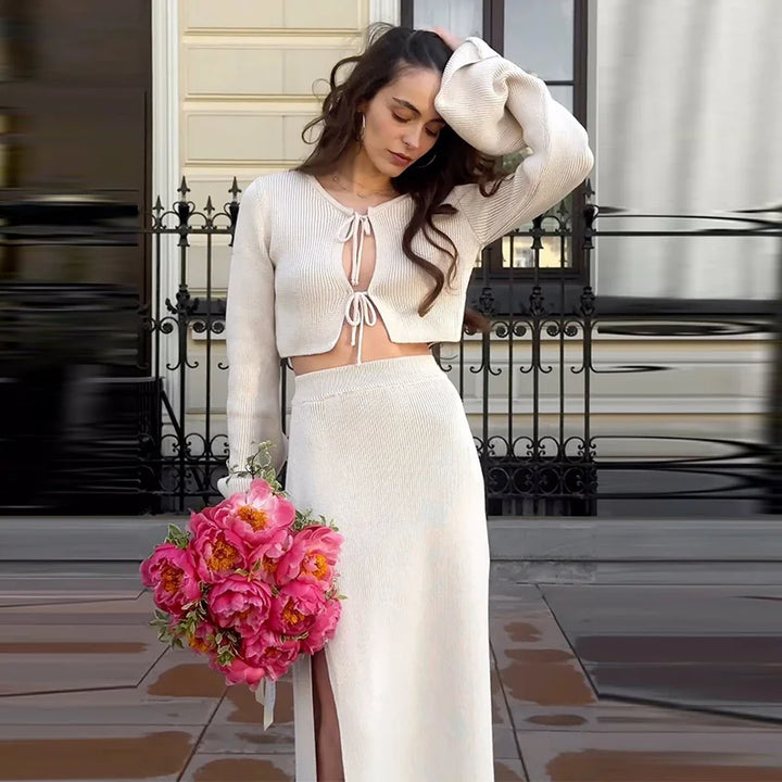 Two-piece knitted set with maxi skirt and tie-up top - Yamit