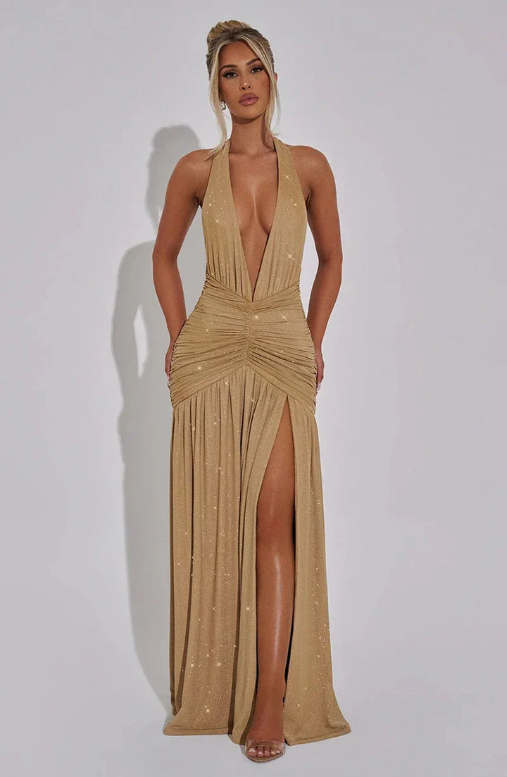 Glitter Maxi Dress with Slit, Deep V-Neck, Open Back, and Neck Tie - Emery