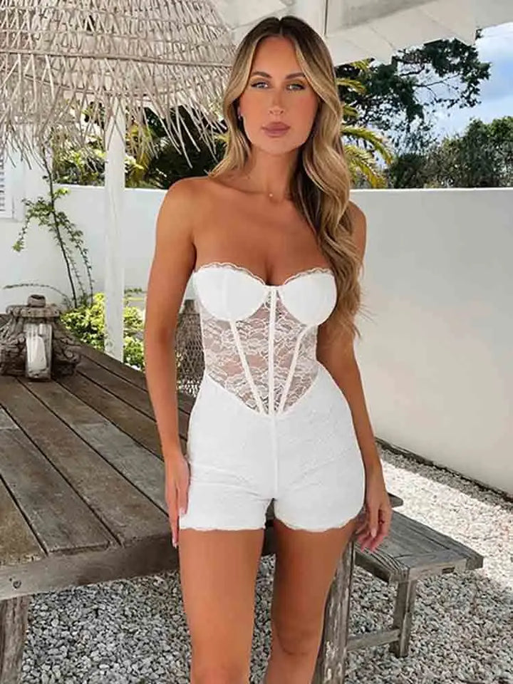 Strapless short pants jumpsuit with lace corset detail - Alex