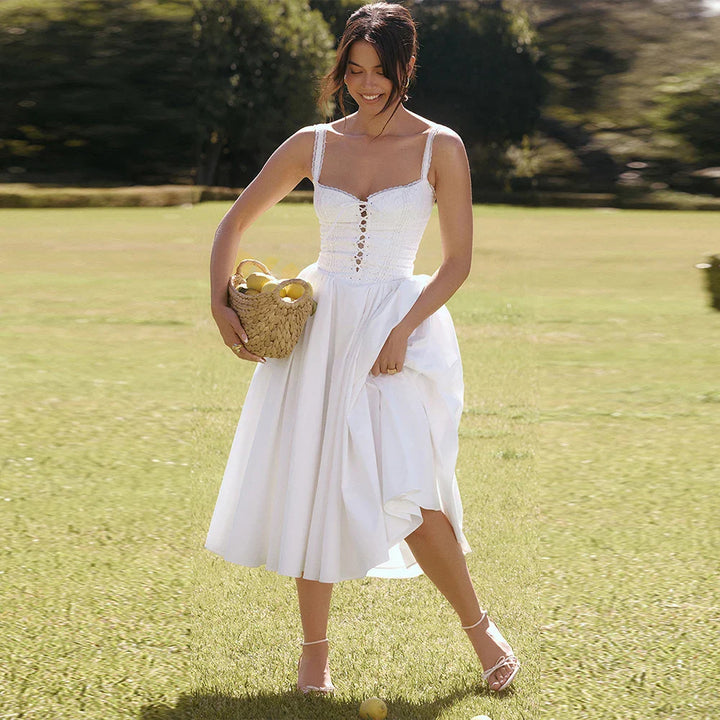 Midi Dress in Country Style with A-Line and Tie Design - SUNRISE