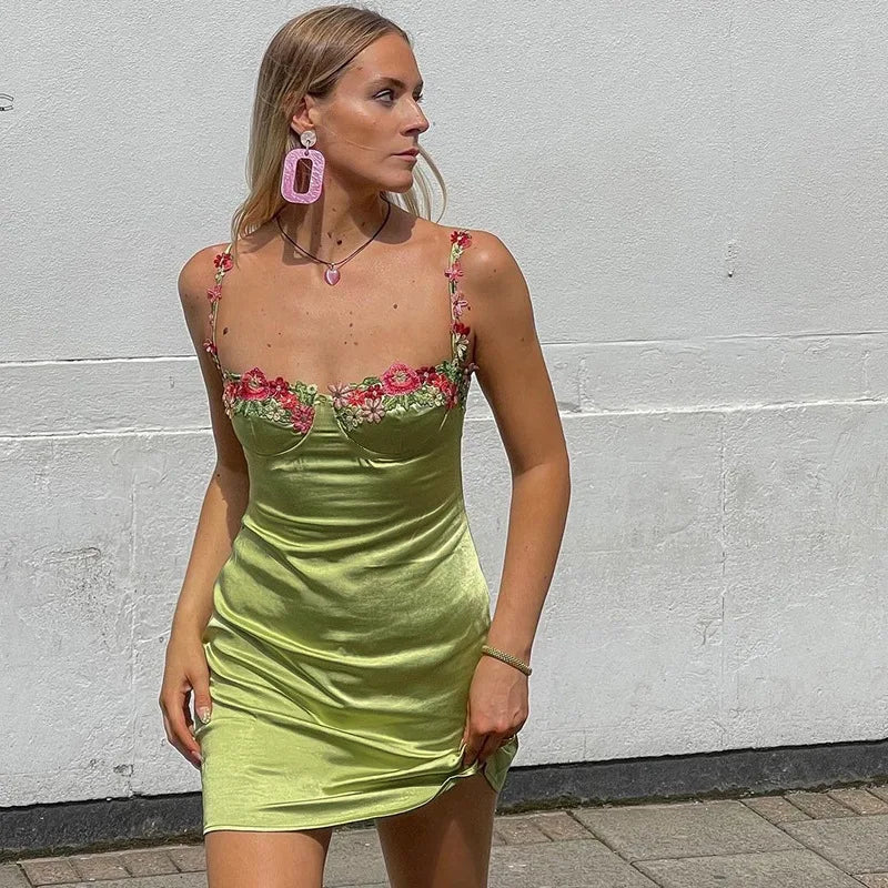 Satin Mini Dress with Floral Decoration - Sarin