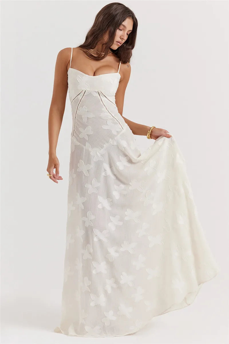 Maxi Dress with Floral Embroidery, Back Tie for Waist Fit - Millie