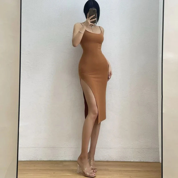 Fitted midi dress with slit and spaghetti straps - Bati
