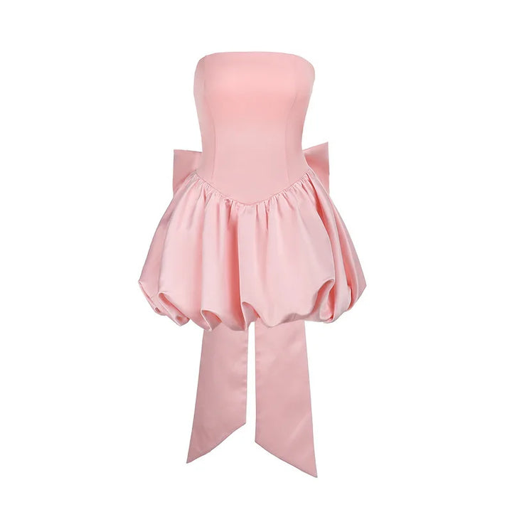 Strapless satin mini dress with balloon shape and bow decoration - Nina