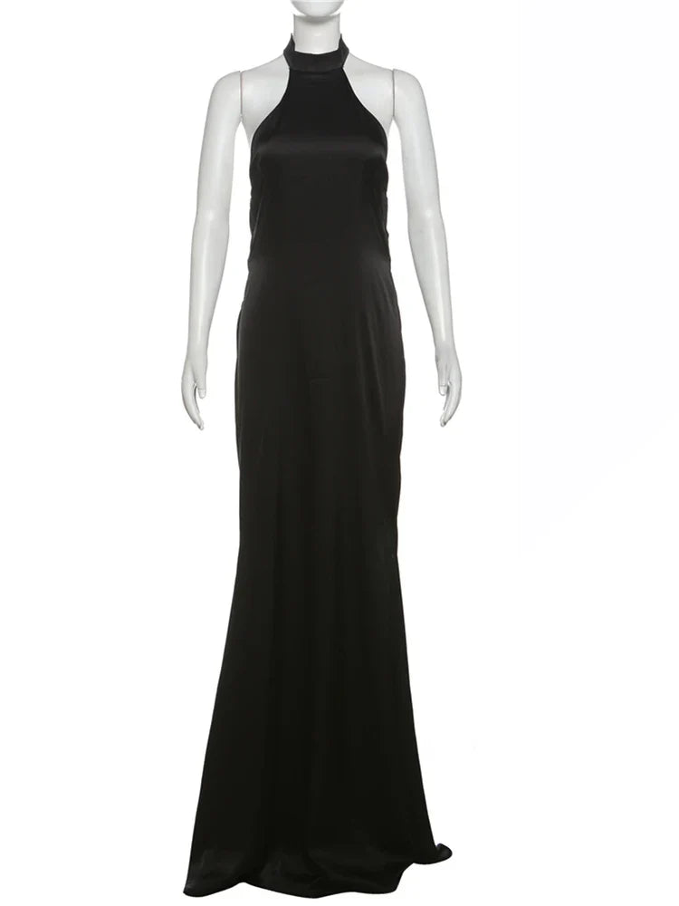 Maxi Satin Dress with Collar and Open Back - Aliya